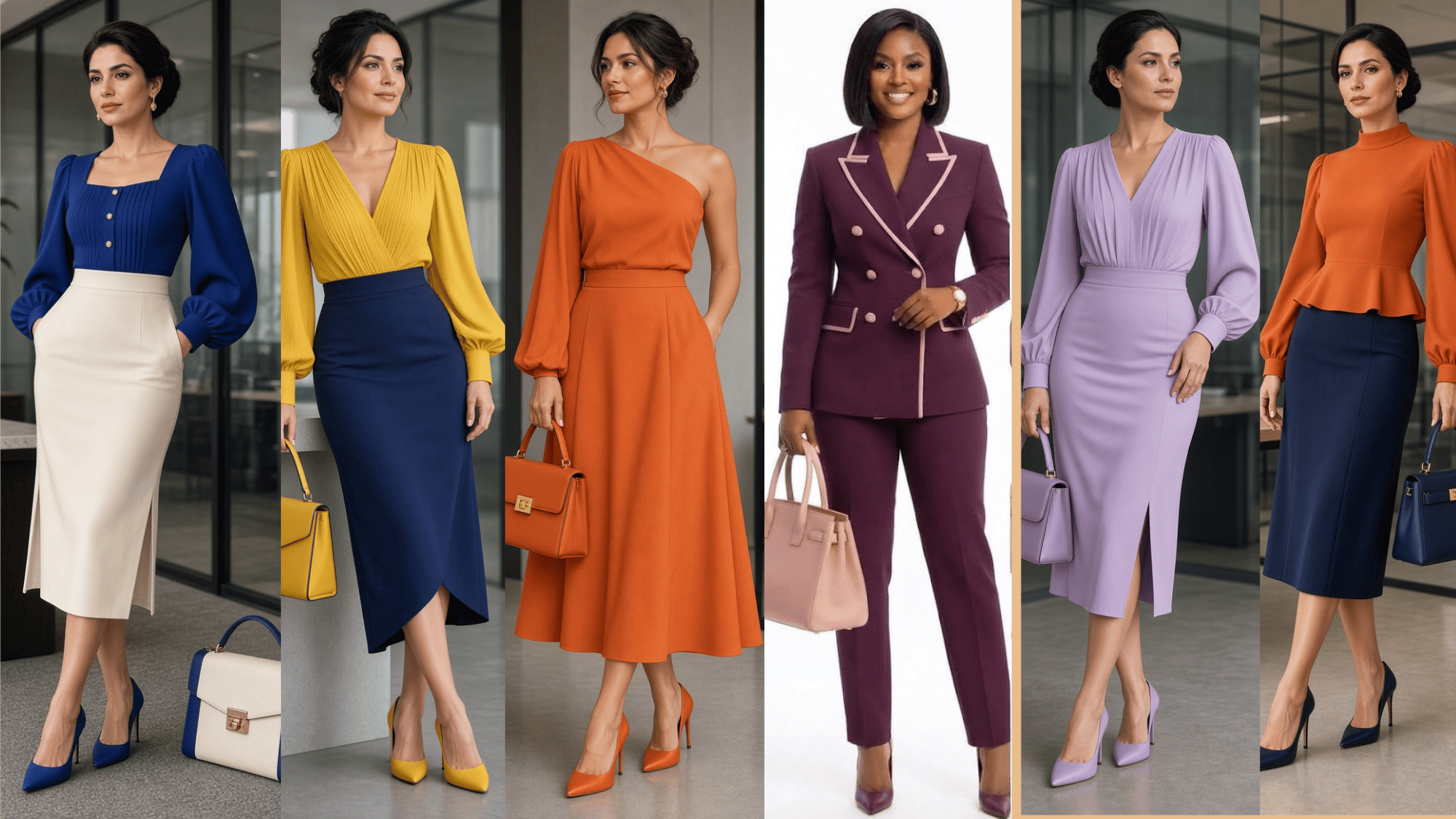 Chic women's office style featuring elegant color combinations and tailored silhouettes.