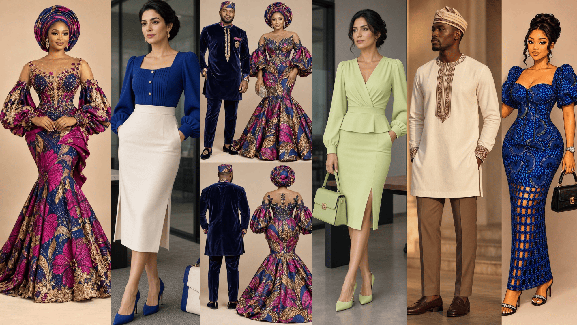 Fashion inspiration for women, men, and children featuring outfit ideas, color combinations, and African style guides.